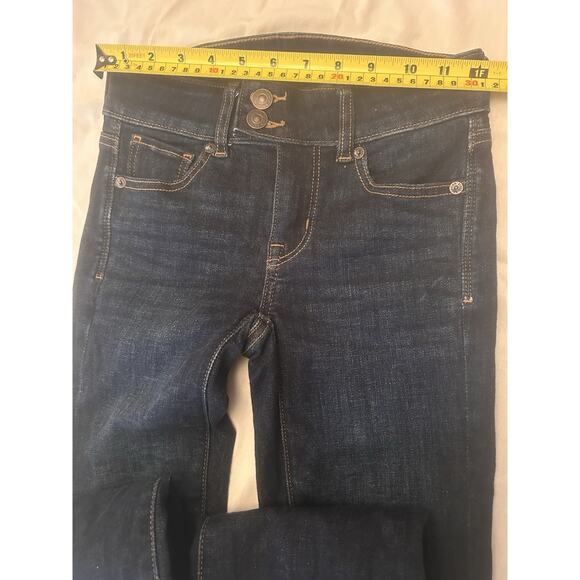 American Eagle Woman Sz 00 24x28 Jeans Low Rise Flare Dark Demin Flare Stretch - Picture 9 of 12